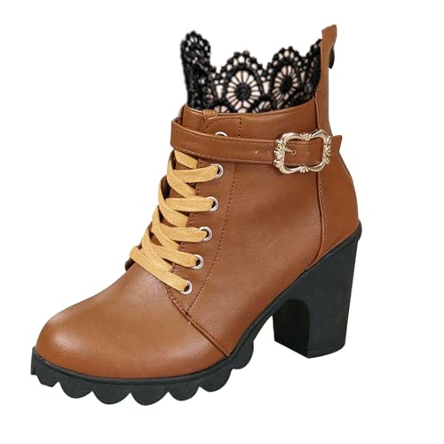 VBEDKDEB Stiefeletten Damen Stiefel Ankle Boots Stilvolle Damenstiefel mit Dicker Sohle und Dicker Fersenspitze sowie Schnürung am Rücken mit Reißverschluss Gummistiefeletten Damen (Yellow, 41) von VBEDKDEB