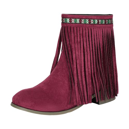 VBEDKDEB Stiefeletten Damen Stiefel Ankle Boots Tassel Pointed Toe Short Women's Boots Fashionable Casual Suede Slip On Retro Ankle Schuhe Zum Dirndl (42) von VBEDKDEB