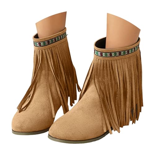 VBEDKDEB Stiefeletten Damen Stiefel Ankle Boots Tassel Pointed Toe Short Women's Boots Fashionable Casual Suede Slip On Retro Ankle Schuhe Zum Dirndl (Beige, 42) von VBEDKDEB