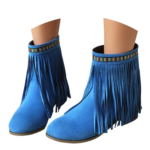 VBEDKDEB Stiefeletten Damen Stiefel Ankle Boots Tassel Pointed Toe Short Women's Boots Fashionable Casual Suede Slip On Retro Ankle Schuhe Zum Dirndl (Blue, 36) von VBEDKDEB