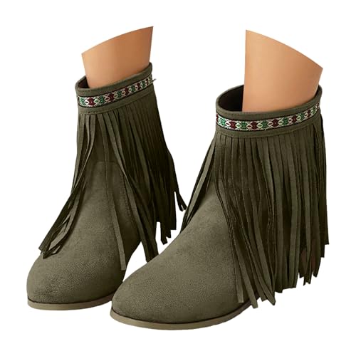 VBEDKDEB Stiefeletten Damen Stiefel Ankle Boots Tassel Pointed Toe Short Women's Boots Fashionable Casual Suede Slip On Retro Ankle Schuhe Zum Dirndl (Green, 40) von VBEDKDEB