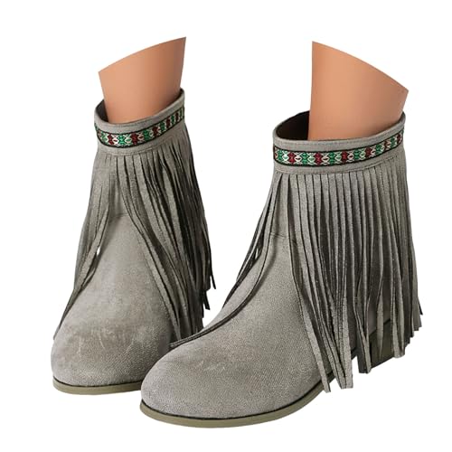 VBEDKDEB Stiefeletten Damen Stiefel Ankle Boots Tassel Pointed Toe Short Women's Boots Fashionable Casual Suede Slip On Retro Ankle Schuhe Zum Dirndl (Grey, 43) von VBEDKDEB