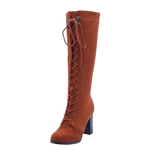 VBEDKDEB Stiefeletten Damen Stiefel Ankle Boots Übergroße Damenstiefel mit dickem, hohem Absatz seitlichem Reißverschluss, hohe Stiefel Motorrad Damen (Brown, 39) von VBEDKDEB