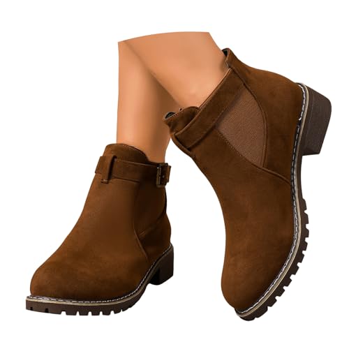 VBEDKDEB Stiefeletten Damen Stiefel Ankle Boots Vielseitiger, modischer Damenstiefel mit dickem Absatz, elastischem Zwickel und Wildleder Stiefelette Dirndl Schuhe (Coffee, 42) von VBEDKDEB