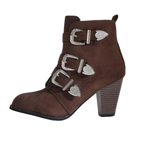 VBEDKDEB Stiefeletten Damen Stiefel Ankle Boots Westernstiefel für Damen mit Retro Blockabsatz, modische vielseitige Stiefeletten Winterschuhe (Brown, 38) von VBEDKDEB