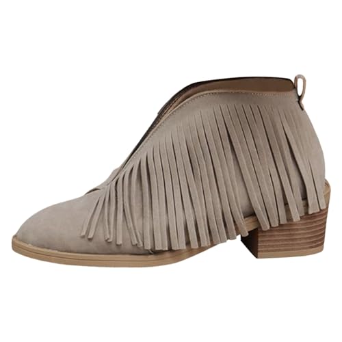 VBEDKDEB Stiefeletten Damen Stiefel Ankle Boots große Quaste personalisierte Dicke Ferse Grenze spezielle Spitze Retro Lederstiefel Schnürstiefeletten Damen (Khaki, 37) von VBEDKDEB