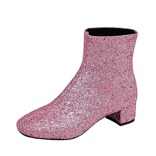 VBEDKDEB Stiefeletten Damen Stiefel Ankle Boots im britischen Stil, einfarbig, mit Paillettenverzierung, Dicker Absatz, seitlicher Reißverschluss, Kurze Stiefel Halbschuhe Damen Elegant (37) von VBEDKDEB