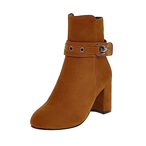 VBEDKDEB Stiefeletten Damen Stiefel Ankle Boots massivem mit Gürtelschnalle dekorativem seitlichem Reißverschluss, Dicker kurzer Stiefel mit hohem Absatz Gummistiefel Kurz (Brown, 39) von VBEDKDEB