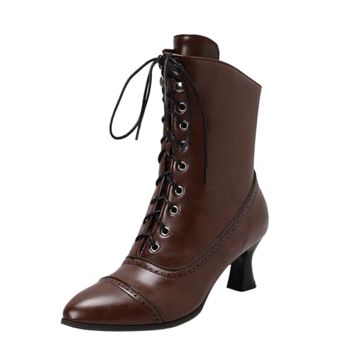 VBEDKDEB Stiefeletten Damen Stiefel Ankle Boots runde Spitze, niedriger Absatz, rutschfeste Stiefeletten, Schnürstiefel mit seitlichem Reißverschluss, mittelhohe Stiefel 22222 Damen (Brown, 40) von VBEDKDEB