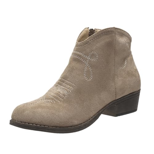 VBEDKDEB Stiefeletten Damen Stiefel Ankle Boots und Winter Mode Kurze Stiefel nackte Seite ziehen Dicke Ferse Damenstiefel Western Cowboy Boots (Khaki, 38) von VBEDKDEB