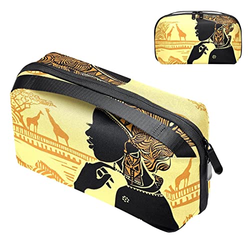 Große Make up Tasche Reißverschlusstasche Wasserdichter Reise Kosmetik Organizer für Frauen und Mädchen,Afrikanische Frau und Tier Vintage Ethnic Tribal von VBFOFBV