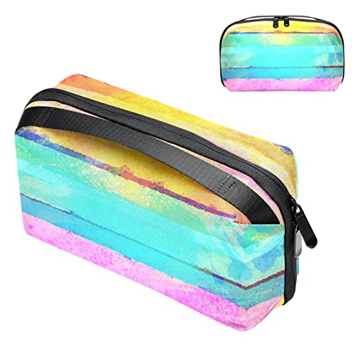 Große Make up Tasche Reißverschlusstasche Wasserdichter Reise Kosmetik Organizer für Frauen und Mädchen,Farbige Streifen abstrakte Regenbogen Kunst modern von VBFOFBV