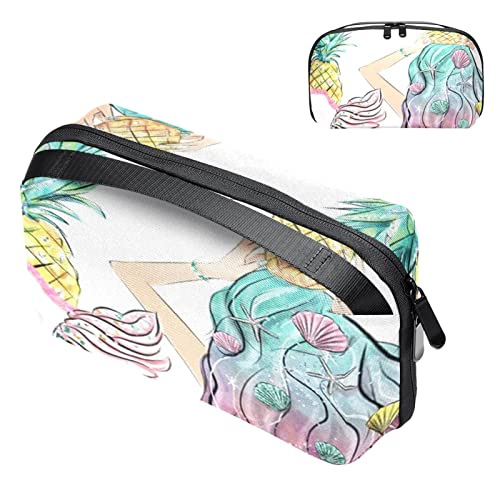 Große Make up Tasche Reißverschlusstasche Wasserdichter Reise Kosmetik Organizer für Frauen und Mädchen,Meerjungfrau Karikatur Ananas Eiscreme hawaiische Blume von VBFOFBV