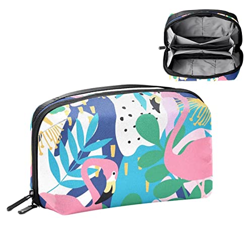 Große Make up Tasche Reißverschlusstasche Wasserdichter Reise Kosmetik Organizer für Frauen und Mädchen,Moderne abstrakte Kunst Tropische Pflanzen Flamingo Karikatur von VBFOFBV