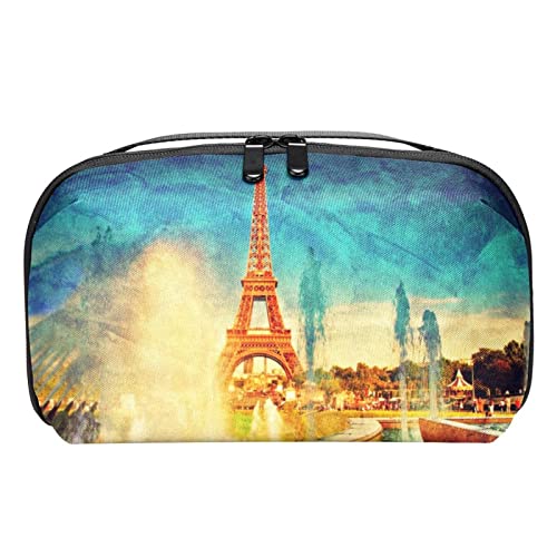 Große Make up Tasche Reißverschlusstasche Wasserdichter Reise Kosmetik Organizer für Frauen und Mädchen,Pariser Landschafts Eiffelturm Weinlese von VBFOFBV