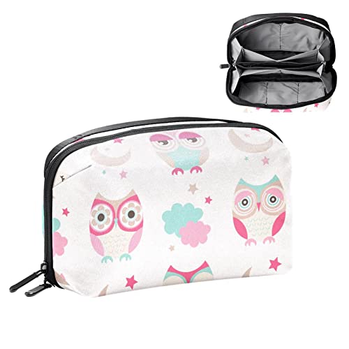 Große Make up Tasche Reißverschlusstasche Wasserdichter Reise Kosmetik Organizer für Frauen und Mädchen,Rosa Eulen Karikatur Tiermond von VBFOFBV