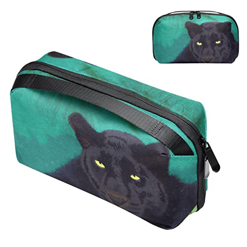 Große Make up Tasche Reißverschlusstasche Wasserdichter Reise Kosmetik Organizer für Frauen und Mädchen,Schwarzer Tierkarikatur Leopard tropisch von VBFOFBV