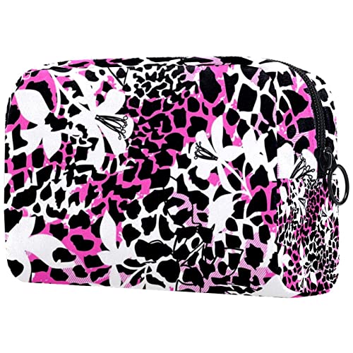 Kleine Make up Tasche für Geldbörse, Reise Kosmetiktasche, Make up Tasche, tragbar, vielseitig, Reißverschlusstasche für Frauen,Leopard Druck Rosa Blumen abstrakte Kunst Modern von VBFOFBV