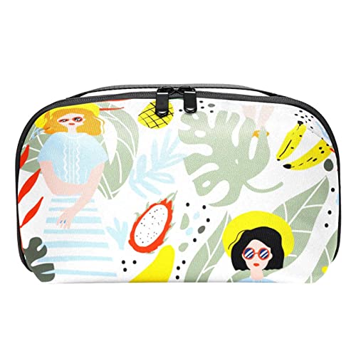 Kosmetiktasche für Frauen, entzückende, geräumige Make up Taschen, Reise, wasserabweisender Kulturbeutel, Zubehör Organizer,Moderne Cartoon Tropische Pflanzen Ananas und Mädchen von VBFOFBV