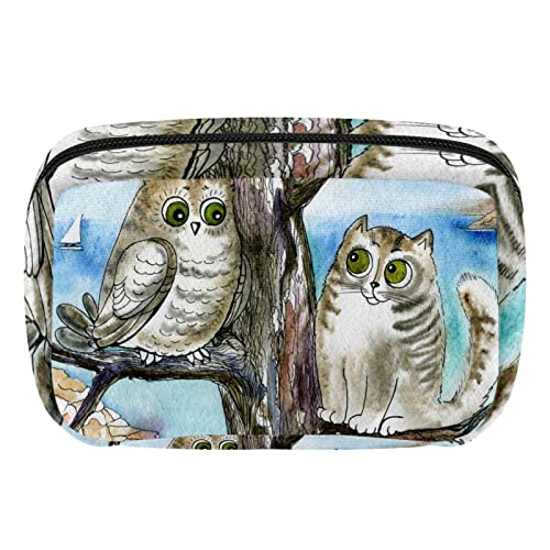 Make up Tasche, Kosmetiktasche für Frauen, Kosmetik, große Reise Kulturtasche für Mädchen, Make up Tasche, Pinseltaschen,Eulen und Katzen Karikatur Tiere von VBFOFBV