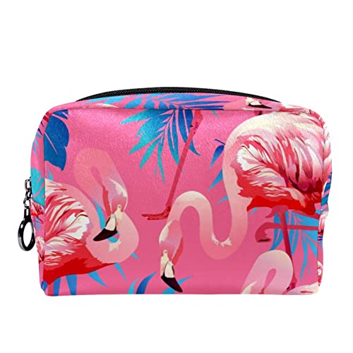 Reise Kulturbeutel mit Reißverschlüssen, Reisezubehör, Toilettenartikel, Kosmetiktasche, Make up Taschen für Männer und Frauen,Flamingo Rosa Karikatur Tropische Blätter modern von VBFOFBV