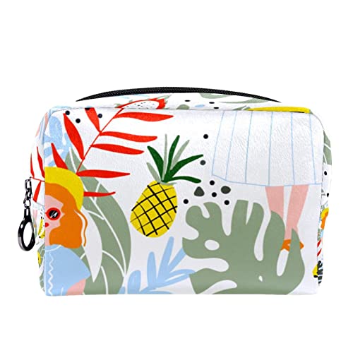 Unisex Kulturbeutel Reise Dopp Kit, Aufbewahrungsbeutel mit Griff für Kosmetik Toilettenartikel Bürsten Werkzeuge,Moderne Cartoon Tropische Pflanzen Ananas und Mädchen von VBFOFBV