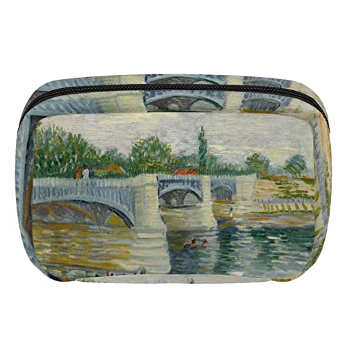 Unisex Kulturbeutel Reise Dopp Kit, Aufbewahrungsbeutel mit Griff für Kosmetik Toilettenartikel Bürsten Werkzeuge,Vintage Ölgemälde Landschaft Flussbrücke von VBFOFBV