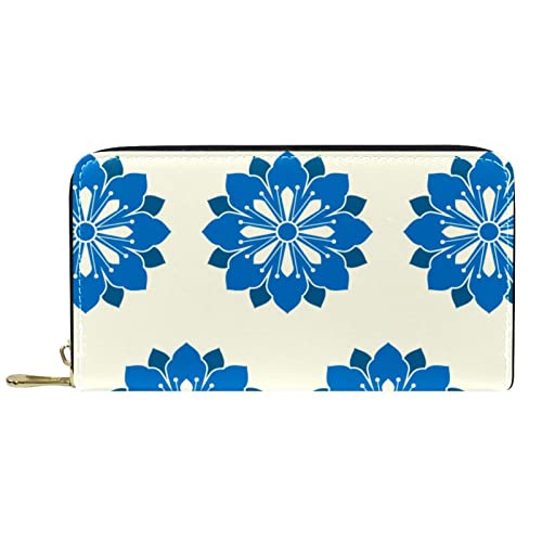 VBFOFBV Damen-Leder-Geldbörse mit großem Fassungsvermögen, rundum Reißverschluss, Reisetasche, Japanische Blaue Blumenchrysantheme von VBFOFBV