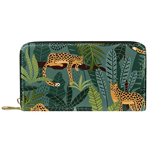 VBFOFBV Geldbörse für Damen Mädchen Damen Clutch Geldbörse Kartenhalter, Moderner Cartoon tropischer Dschungel Tier Leopard von VBFOFBV
