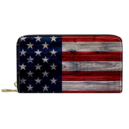 VBFOFBV Geldbörse für Damen Mädchen Damen Clutch Geldbörse Kartenhalter, USA Flagge Retro aus Holz von VBFOFBV