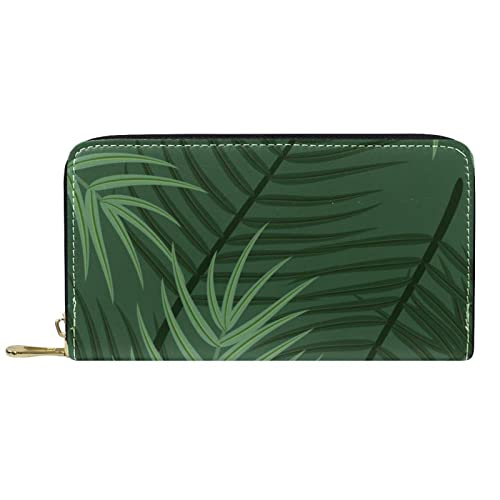 VBFOFBV Geldbörse für Frauen, Mehrzweck-Designer-Reisegeldbörse, Lange Handtasche mit Mehreren Taschen, Moderne grüne Tropische Pflanzenblätter von VBFOFBV