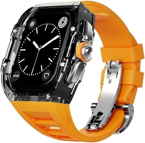 VBWVA Transparentes Uhrengehäuse, Fluorkautschuk-Armband, Mod-Kit, für Apple Watch Serie 9, 8, 7, 6, 5, 4, SE, 45 mm, 44 mm, 49 mm, Ersatzteil, transparente Lünette, Uhrengehäuse, Verschlusszubehör, von VBWVA