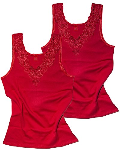 2 Stück Da. Shirt-Top- Unterhemden Gekämmte Baumwolle mit extra großer Spitze Ohne Seitennaht (44/46, Rot) von VCA Textil