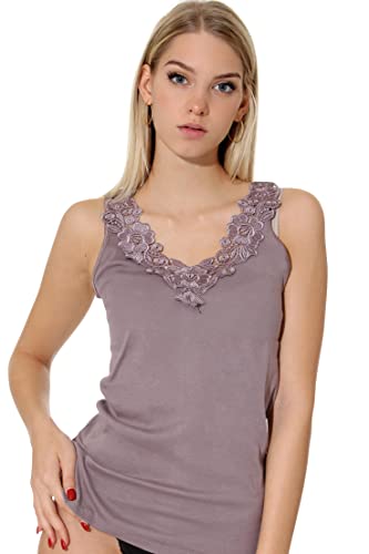 Damen Shirt, Unterhemd Gekämmte Baumwolle mit extra großer Spitze Ohne Seitennaht (36/38, Taupe) von VCA Textil