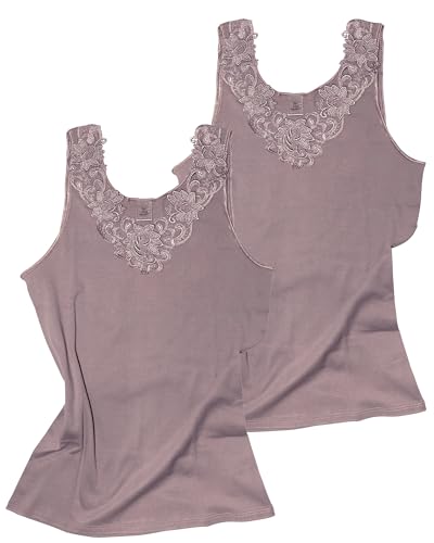 2 Stück Da. Shirt-Top- Unterhemden Gekämmte Baumwolle mit extra großer Spitze Ohne Seitennaht (36/38, Taupe) von VCA Textil