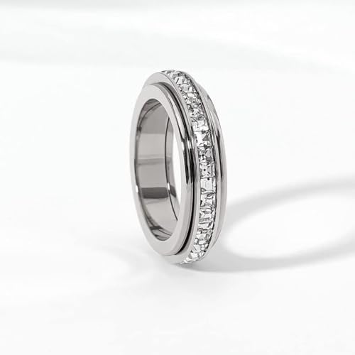 VCCKNB JEWELRY Fidget Ringe für Angst, Zirkonia Spinner Ring Anti Angst Ringe für Frauen Mädchen Stress Sorgen Ring Meditationsring Bandring (A-Silver, L-1/2) von VCCKNB JEWELRY