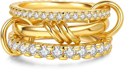 VCCKNB JEWELRY Mehrgliedriger Ring, Ewigkeits-Statement-Ring, klobiger Gold-Verbinderring, ineinandergreifender Dreifaltigkeits-Gliederring mit CZ-Zirkonia-Set (Gold, 7) von VCCKNB JEWELRY