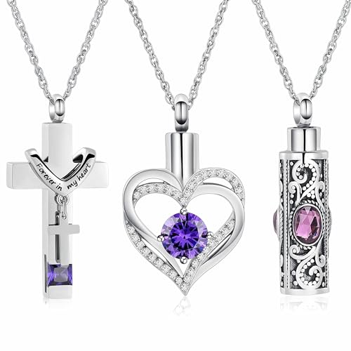 3 Pack Urne Halskette für Asche für Frauen Herz Kreuz Zylinder Einäscherung Schmuck Memorial Keepsake Birthstone Anhänger für geliebte Menschen von VCCWYQK