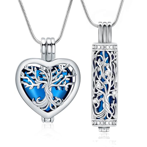 VCCWYQK Baum des Lebens Urne Halskette für Asche Einäscherung Schmuck mit hohlen Fläschchen Zylinder Keepsake Memorial Lockets Asche Halter für Frauen Männer Haustier (Blau-pc) von VCCWYQK
