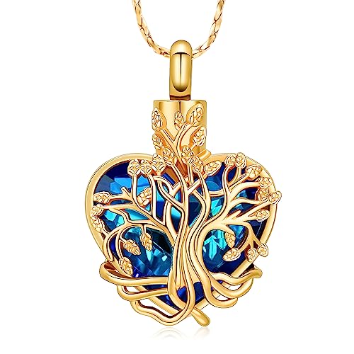 VCCWYQK Baum des Lebens Urne Halskette für Asche Herz Einäscherung Schmuck aus Edelstahl mit Kristall, Urne Schmuck Geschenke für Frauen von VCCWYQK