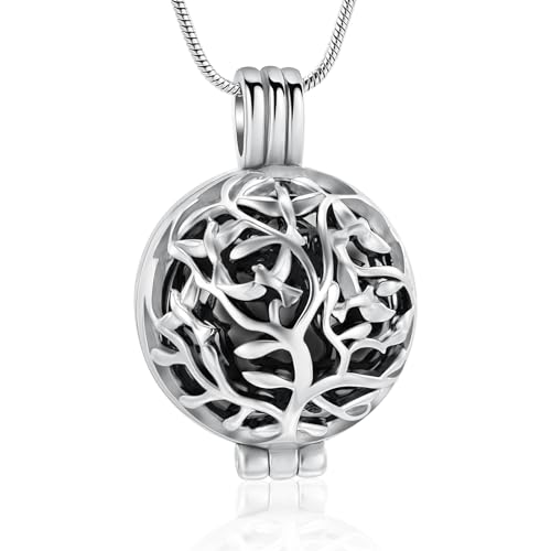 VCCWYQK Baum des Lebens Urne Halskette für Asche für Frauen Männer Hollow Heart Keepsake Urne Locket Anhänger Gedenk-Schmuck mit Mini-Kugel von VCCWYQK