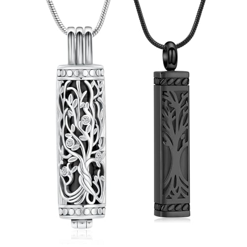 VCCWYQK Baum des Lebens Urne Halsketten für Asche Kremation Schmuck Würfel Asche Keepsake Halskette Bar Urne Anhänger für Frauen Männer (E-Schwarz-2PC) von VCCWYQK