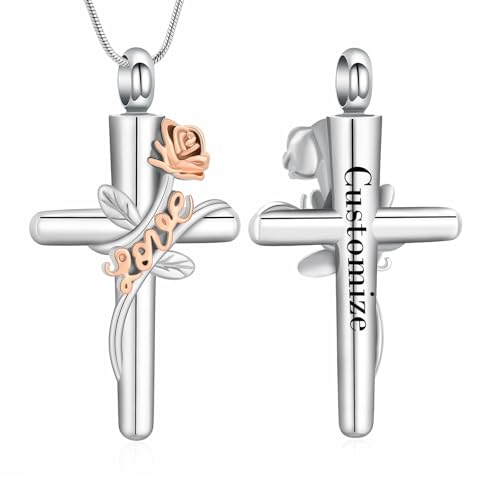 VCCWYQK Kreuz-Urnen-Halskette für Asche Rosenblüten-Einäscherungsschmuck für Frauen Andenken-Gedenkanhänger für einen geliebten Menschen von VCCWYQK