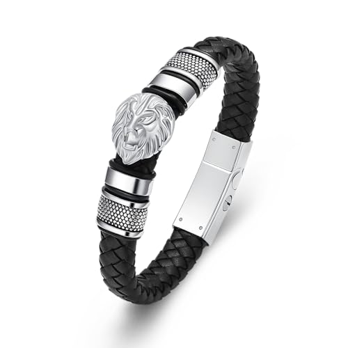 VCCWYQK Löwenkopf Urnenarmband für Asche für Frauen Männer Edelstahl Urnen Gedenkschmuck geflochtenes Lederarmband Manschette Armreif von VCCWYQK