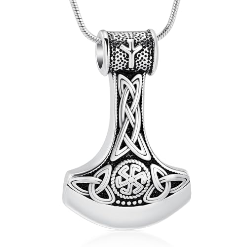 VCCWYQK Mjolnir Thor Hammer Feuerbestattung Schmuck für Asche für Damen Herren Edelstahl Keltischer Knoten Urne Halskette Anhänger für Asche Halter Andenken (D) von VCCWYQK