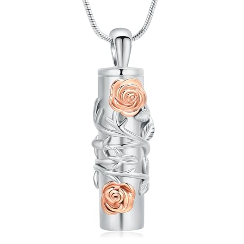 VCCWYQK Rose Blume Urne Halskette Zylinder Bar Urne Halskette für Asche Anhänger Halskette Keepsake für Asche Erinnerung Keepsake Kremation Memorial Schmuck für Frauen von VCCWYQK