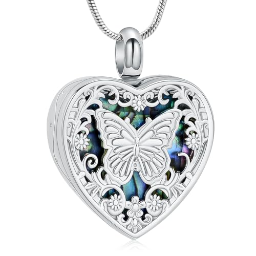 VCCWYQK Schmetterling Herz Urne Halskette für Asche für Frauen Männer Einäscherung Schmuck Edelstahl Abalone Shell Memorial Keepsake Anhänger für geliebte Menschen von VCCWYQK