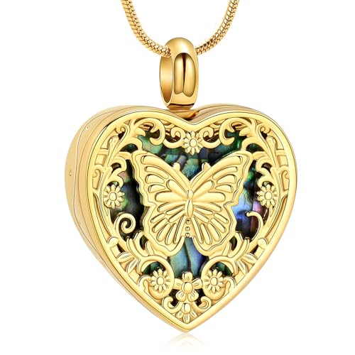 VCCWYQK Schmetterling Herz Urne Halskette für Asche für Frauen Männer Einäscherung Schmuck Edelstahl Abalone Shell Memorial Keepsake Anhänger für geliebte Menschen von VCCWYQK