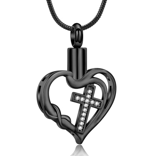 VCCWYQK Urnen Halskette mit Kreuz Liebesherz Unendlichkeitsanhänger für Asche für Frauen Edelstahl Einäscherungsschmuck Gedenkmedaillon Andenken Geschenke für geliebte Menschen Aschenhalter von VCCWYQK