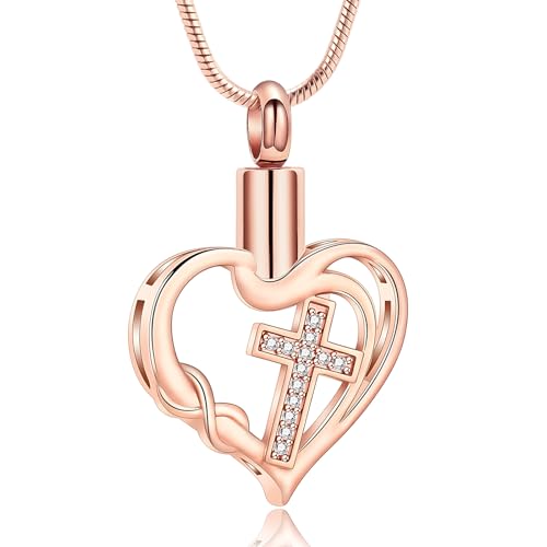VCCWYQK Urnen Halskette mit Kreuz Liebesherz Unendlichkeitsanhänger für Asche für Frauen Edelstahl Einäscherungsschmuck Gedenkmedaillon Andenken Geschenke für geliebte Menschen Aschenhalter von VCCWYQK